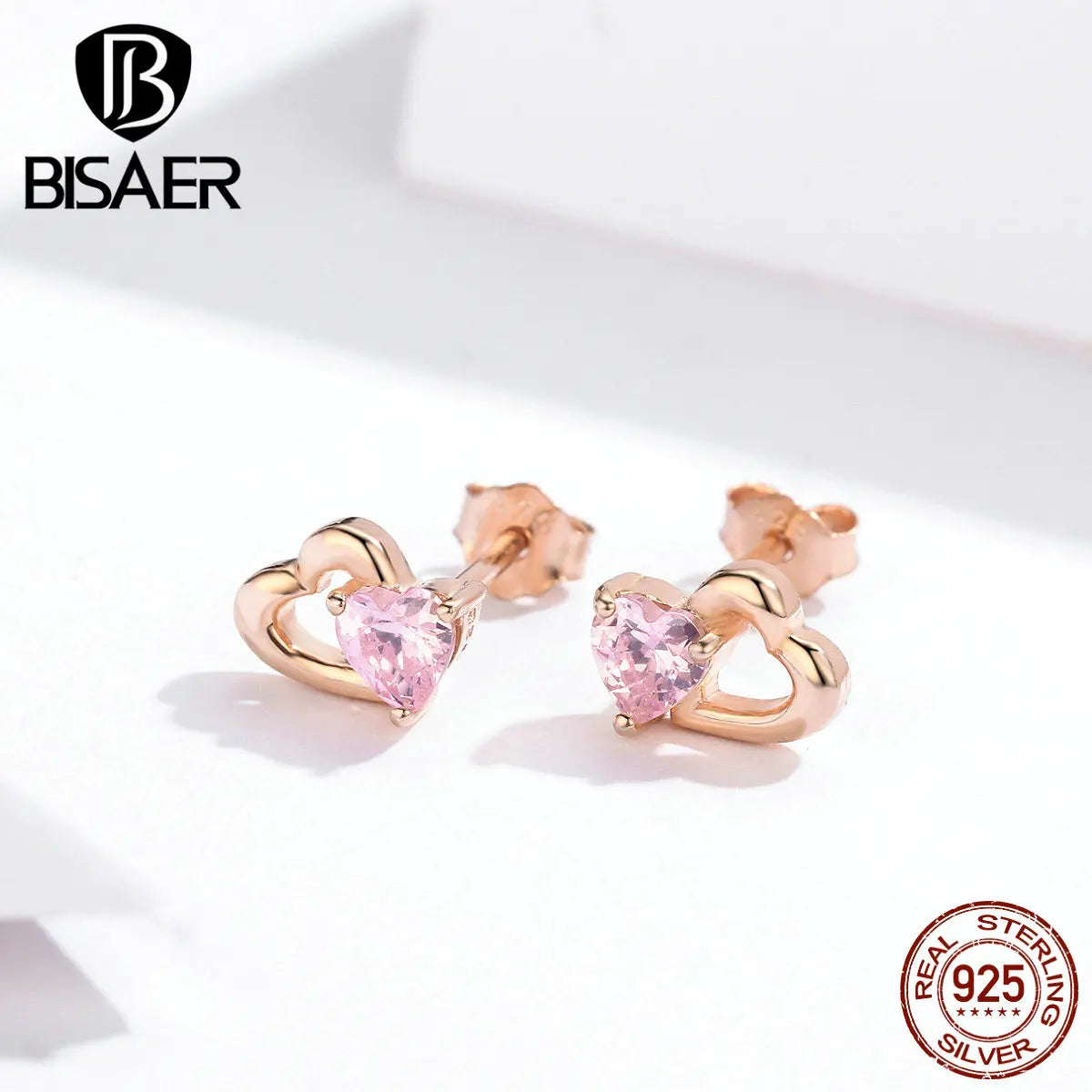 Heart Earrings BISAER 925 Sterling Silver Romantic Love Heart Small Stud Earrings For Women Pink Zircon Wedding Jewelry ECE090