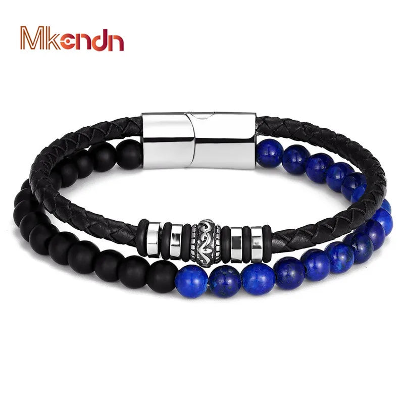 MKENDN  Men Natural Stone Genuine Braided Leather Bracelet  Stainless Steel Magnetic Clasp Iapis lazuli Bead Bracelet Jewelry