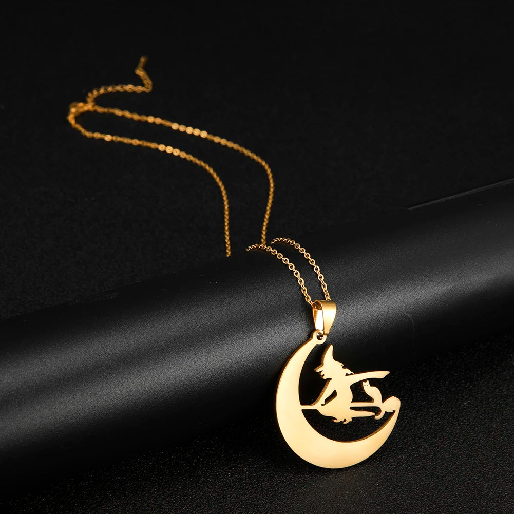 Cazador Magic Witch Fairy Moon Pendant Necklaces For Women Halloween Broomsticks Stainless Steel Chain Necklace Jewelry Gifts