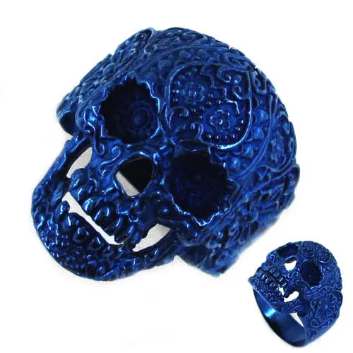 Gothic Garden Flower Skull Biker Ring Stainless Steel Jewelry Fashion Punk Blue Skull Ring For Man Wholesale SWR0228A