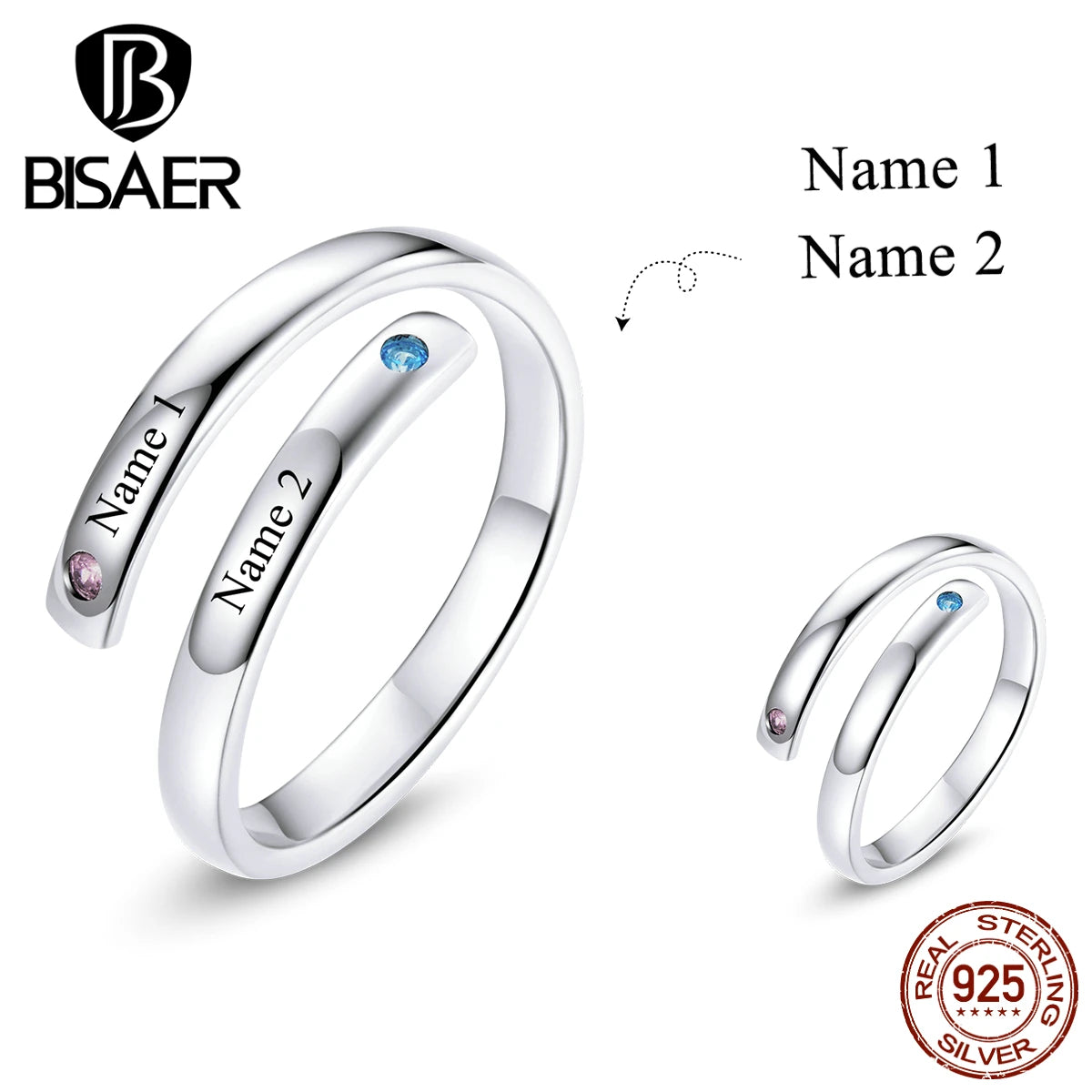 BISAER Custom Personalized Name Ring 100% 925 Sterling Silver Ring For Women Engraved Adjustable Finger Ring Best Gift ECR747