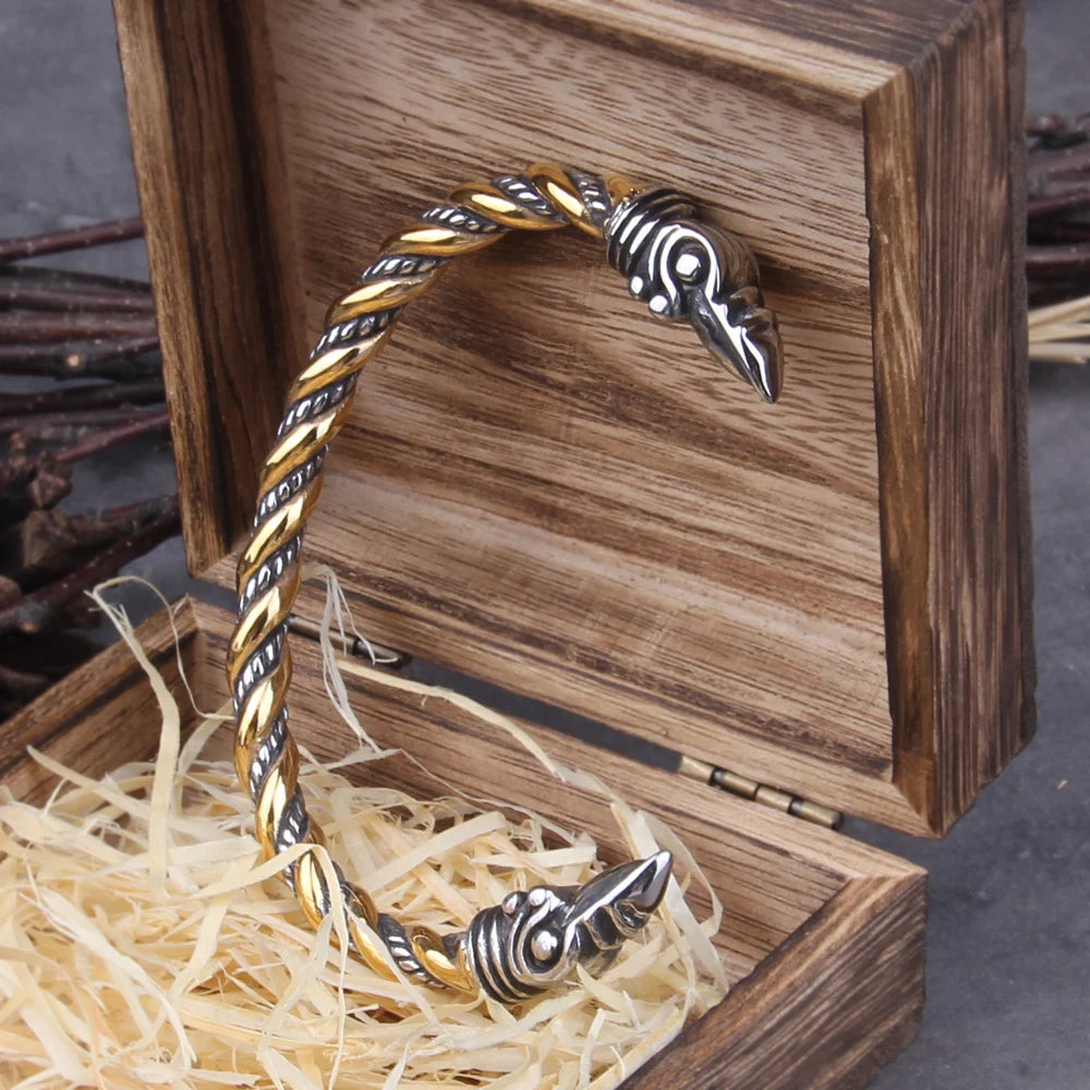 Bracelet en acier inoxydable avec corbeau nordique Viking réglable pour homme avec boîte en bois Viking