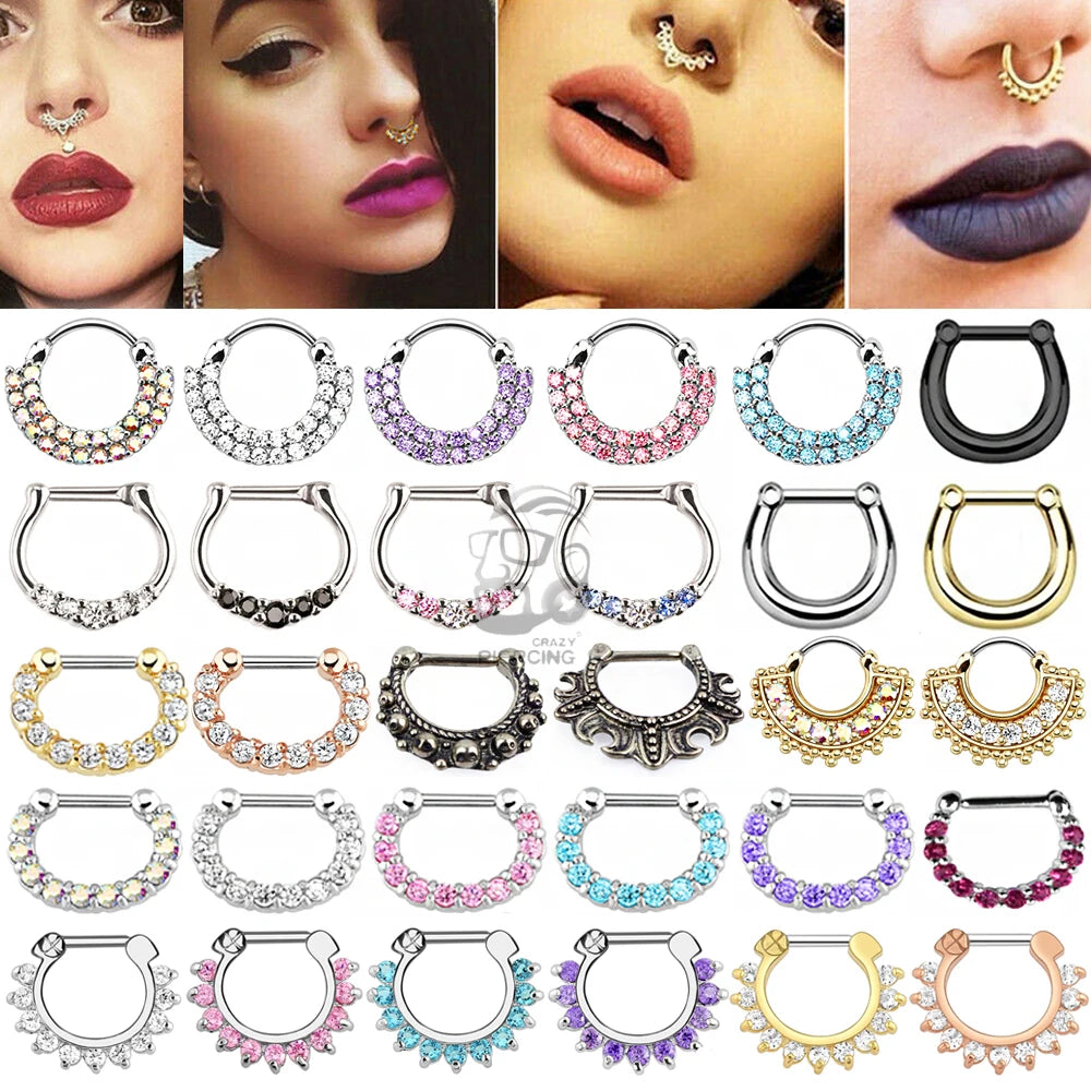 1PCS Trendy Steel Nose Clip Septum Piercing Crystal Multicolor Nose Rings Clickers for Women Body Jewelry Helix Tragus Gift