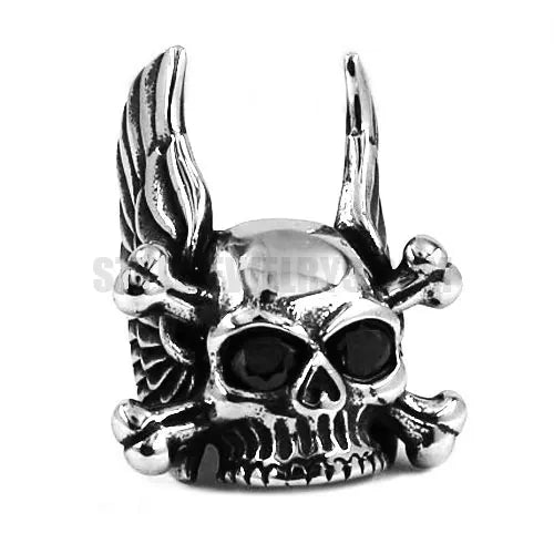 Wings Cross Bones Skull Ring Stainless Steel Jewelry Vintage Gothic Black CZ Eyes Skull Biker Ring for Men Wholesale SWR0451A