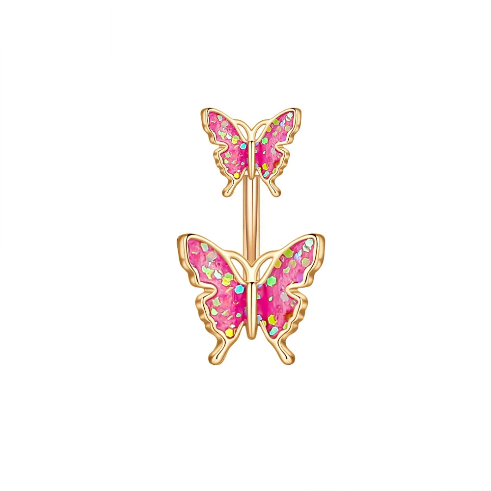 Stainless Steel Navel Piercing Blue Pink Dance Belly Rings Body Piercing Jewelry 14G Butterfly Belly Button Ring for Women Girls