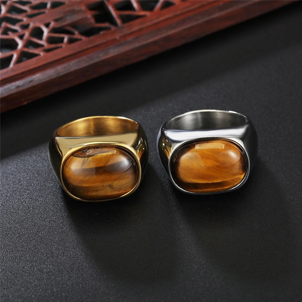 Anillos de piedra marrón ojo de tigre retro de color dorado/acero para hombres y mujeres, anillo de piedra de acero inoxidable clásico elegante y simple, regalo de joyería