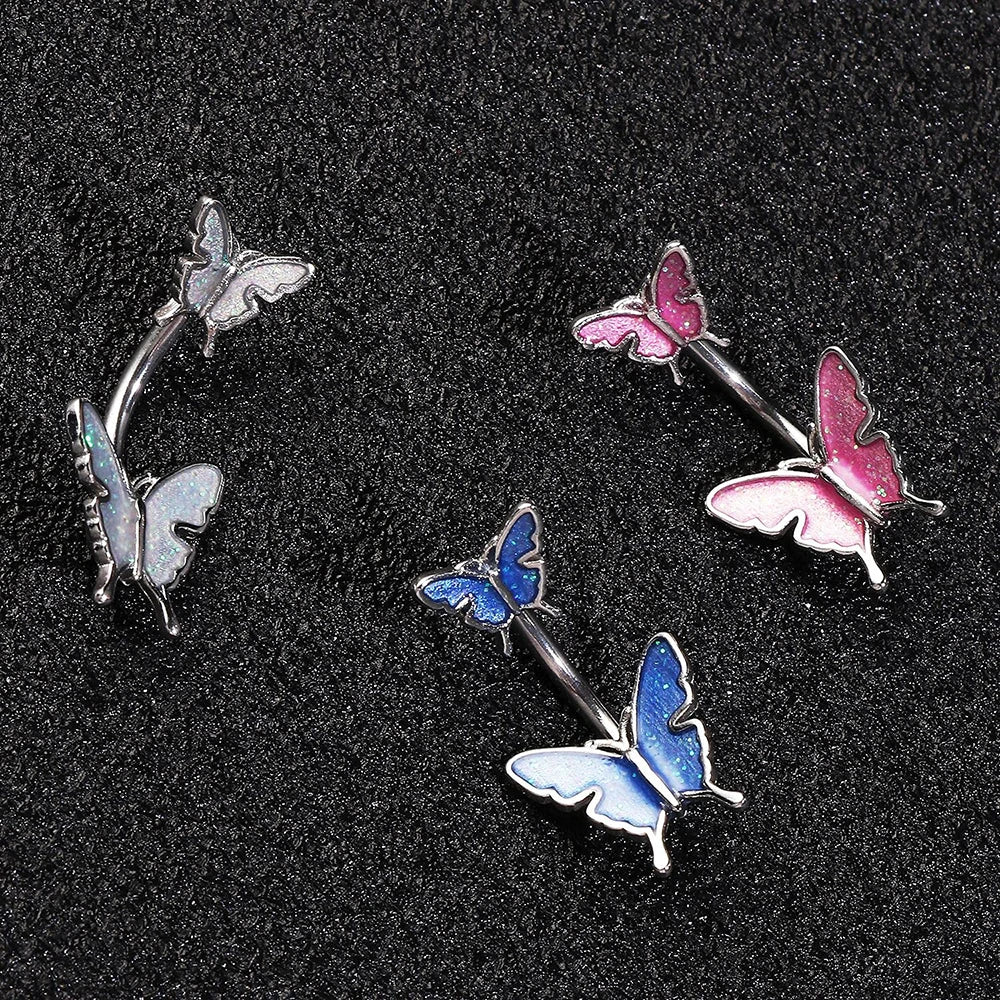 Stainless Steel Navel Piercing Blue Pink Dance Belly Rings Body Piercing Jewelry 14G Butterfly Belly Button Ring for Women Girls