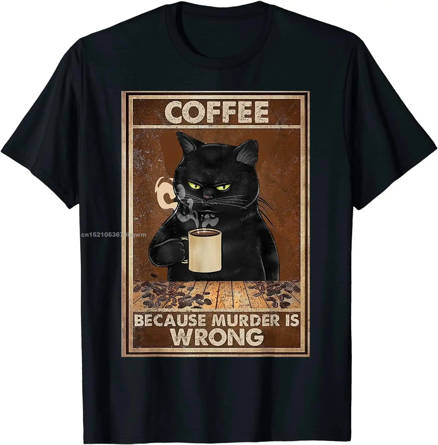 Camiseta divertida con texto "Café porque matar está mal", "El gato negro bebe café", camiseta de hip hop de gran tamaño, camisetas de algodón para hombres, ocio