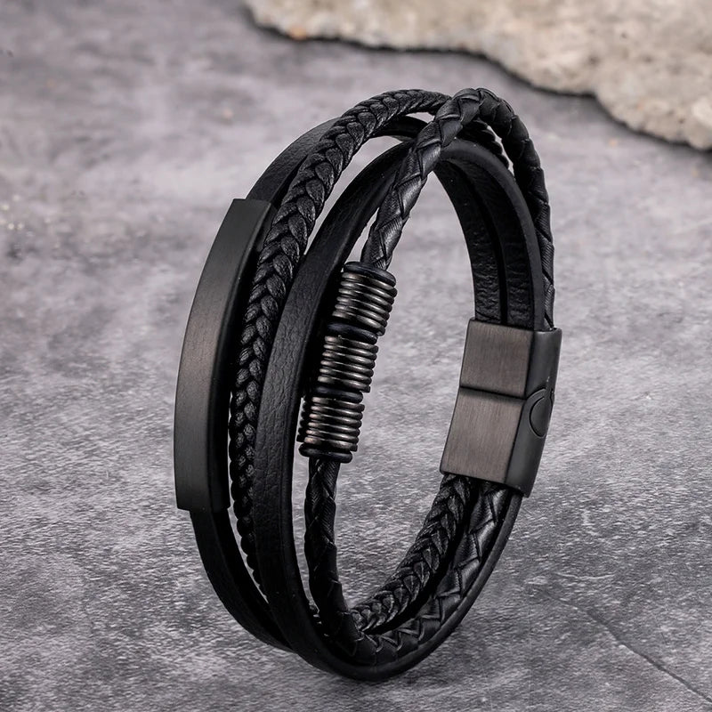 MKENDN Punk Men Multilayer Braid Genuine Leather Bracelet Titanium Stainless Steel Magnetic Buckle Bracelet Homme Pulseras