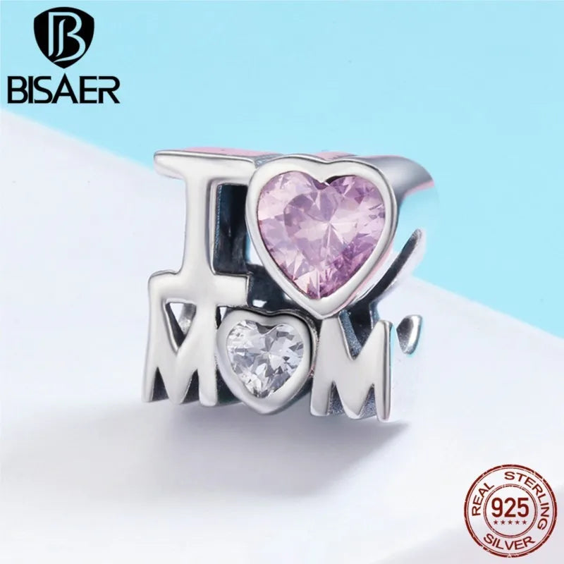 100% 925 Sterling Silver I Love My Mom, Mother Heart Beads Fit Charms Silver 925 Original Bracelet & Bangle Mother's Day Gift