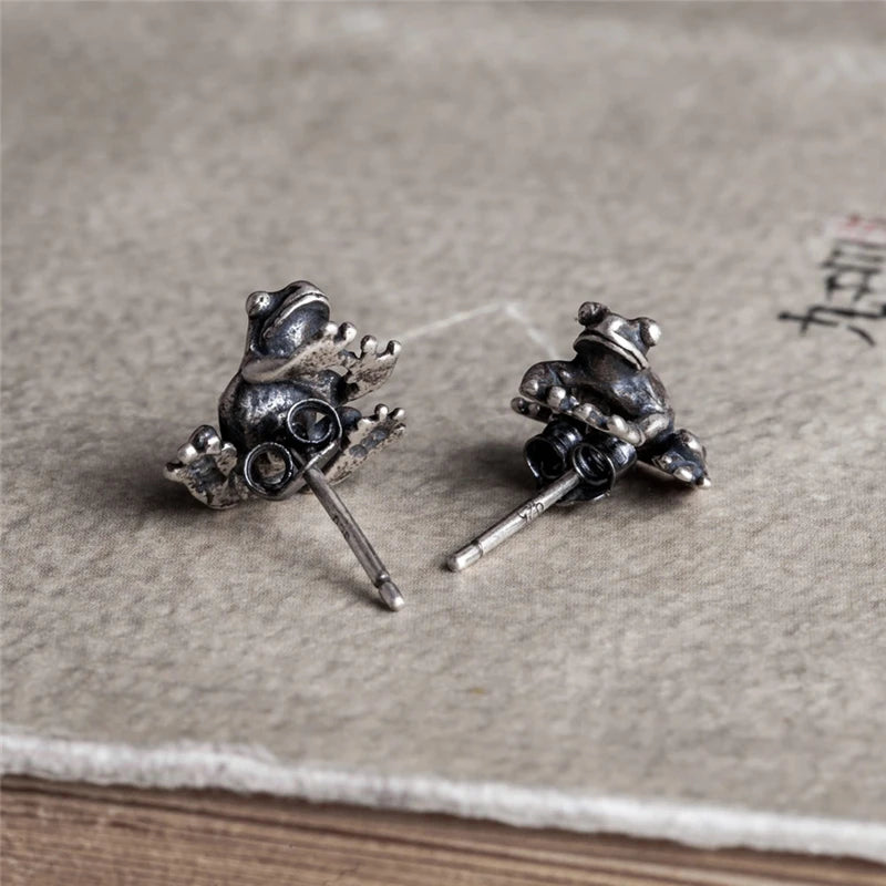 MKENDN 925 Sterling Silver Frog Earrings Retro Punk Animal Stud Earrings For Women Men Fine Jewelry Girls Female Party Gifts