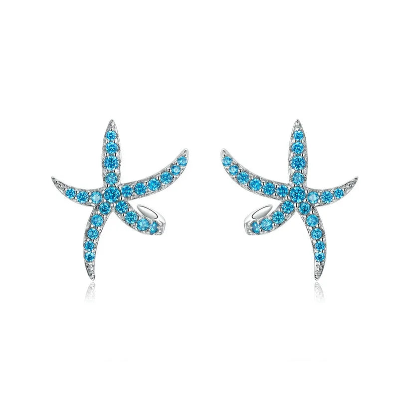 WOSTU 925 Sterling Silver Starfish Stud Earrings Blue Cubic Zircon Earrings For Women Fashion Silver 925 Jewelry CTE136