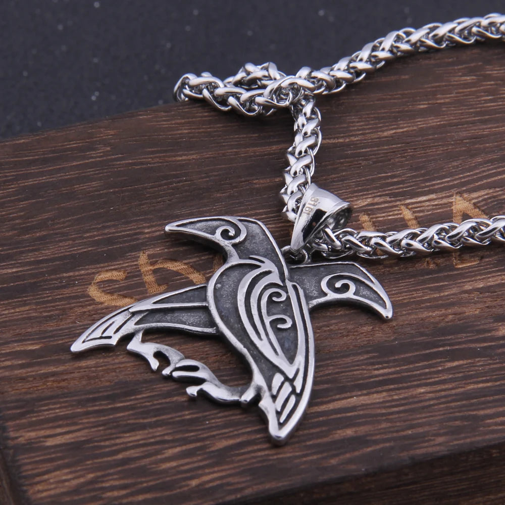 Nordic Odin Huginn and Muninn Raven Pendant Necklace