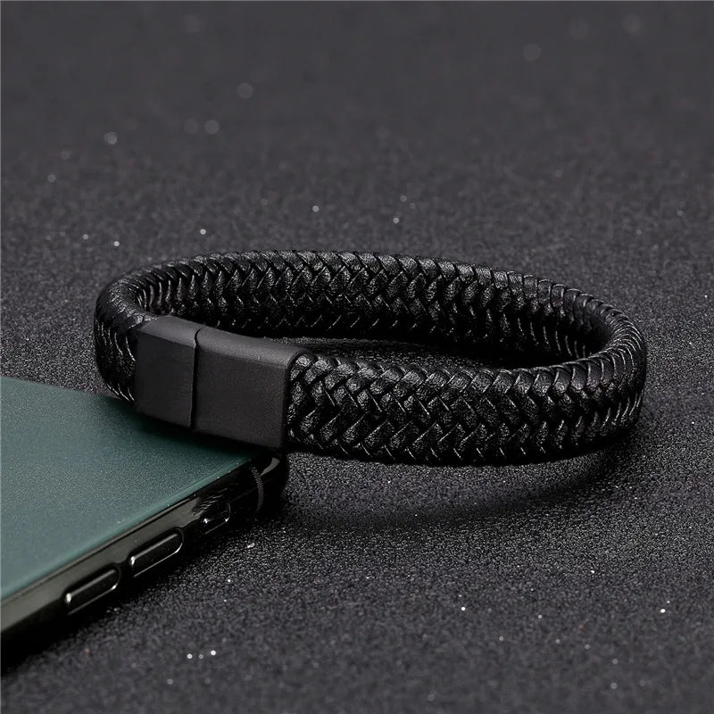 MKENDN Punk Men Leather Bracelet Black Stainless Steel Magnetic Clasp Braided Woven Bangle Pulseras lovers' gift