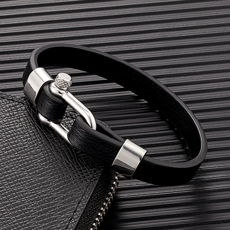 MKENDN Men Women Black Stainless Steel U shape Biker Leather Bracelet Screw Shackle Buckle Bangle Wristband Couple Jewelry