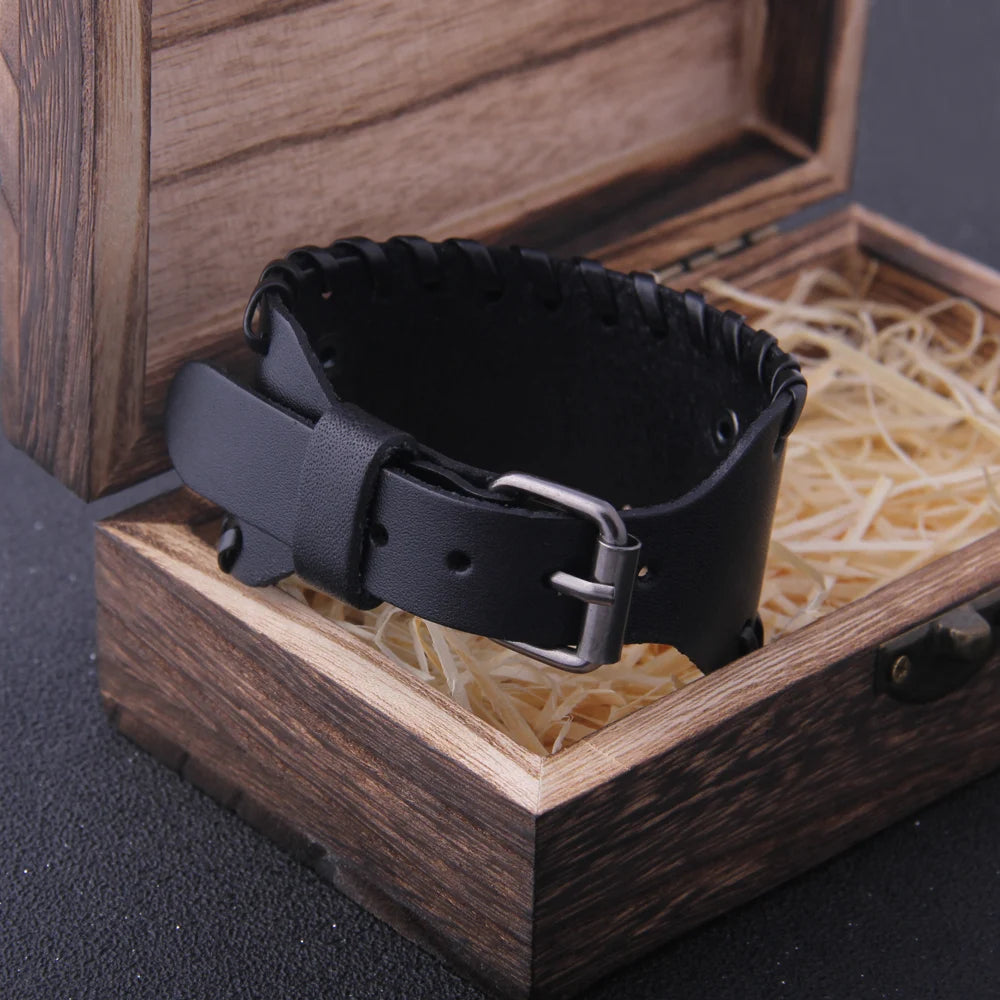 Charm Wide Leather Bracelet Men Punk Braided Rope Alloy Cuff Bangle Male Wristband Viking Bracelet Mens Jewelry with wood box