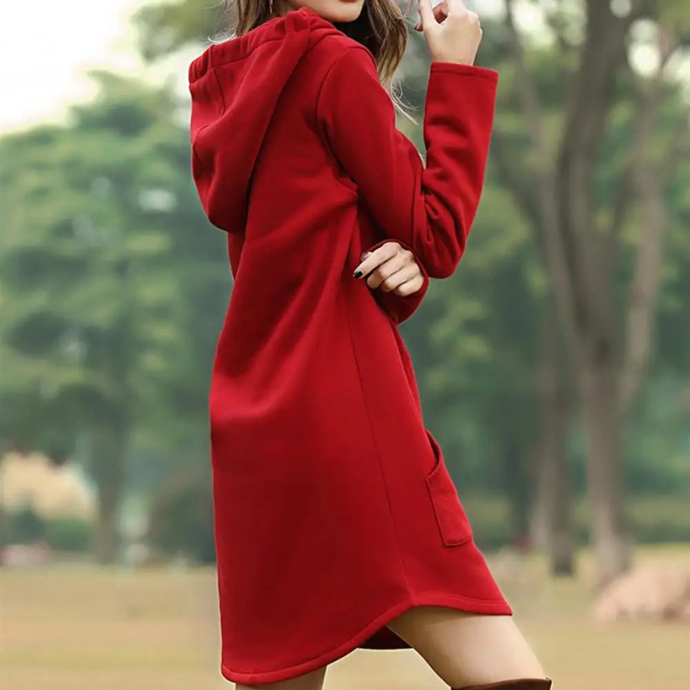 Hooded Hoodie Women Dresses 2021 Autumn Winter Solid Color Drawstring Large Pocket Irregular Hem Hooded Dress