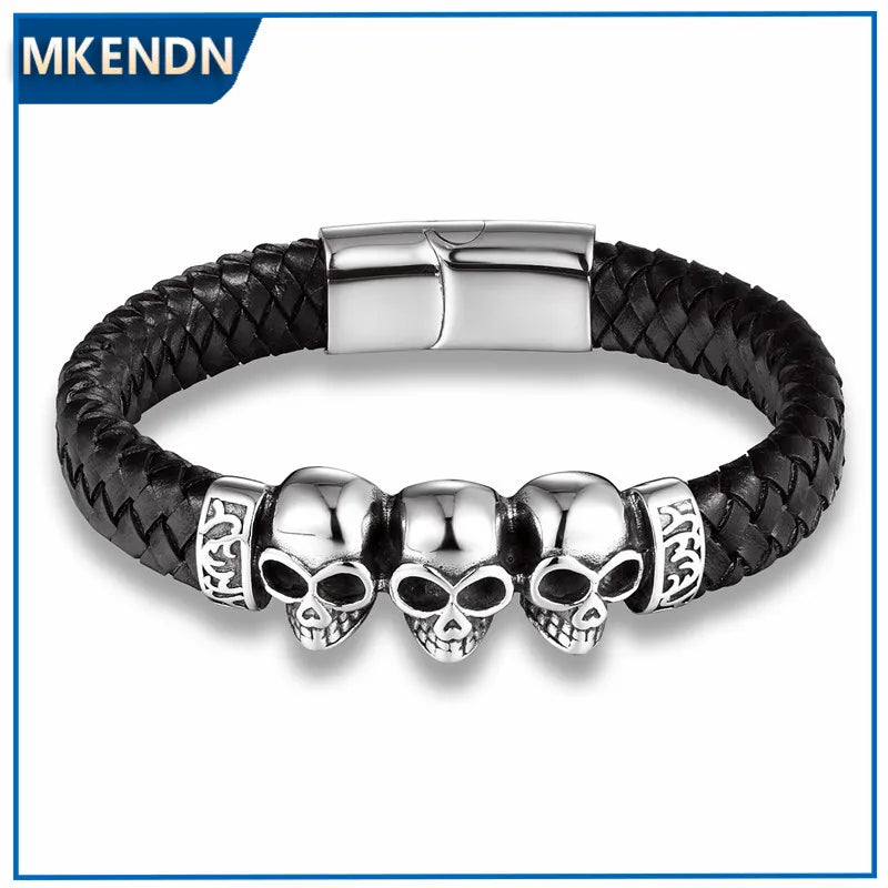 MKENDN Fashion Braided Leather Bracelets Skull Bracelet Punk Wrap Bracelet Stainless Steel Magnetic Buckle Fashion Bangles