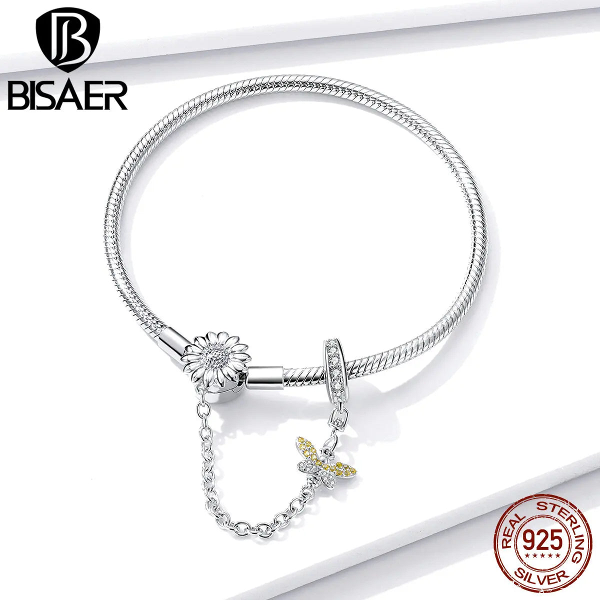 BISAER 925 Sterling Silver Daisy Flower Bee Safety Chain Snake Bracelet Plated White Gold Bracelet Fine Jewelry Accessories