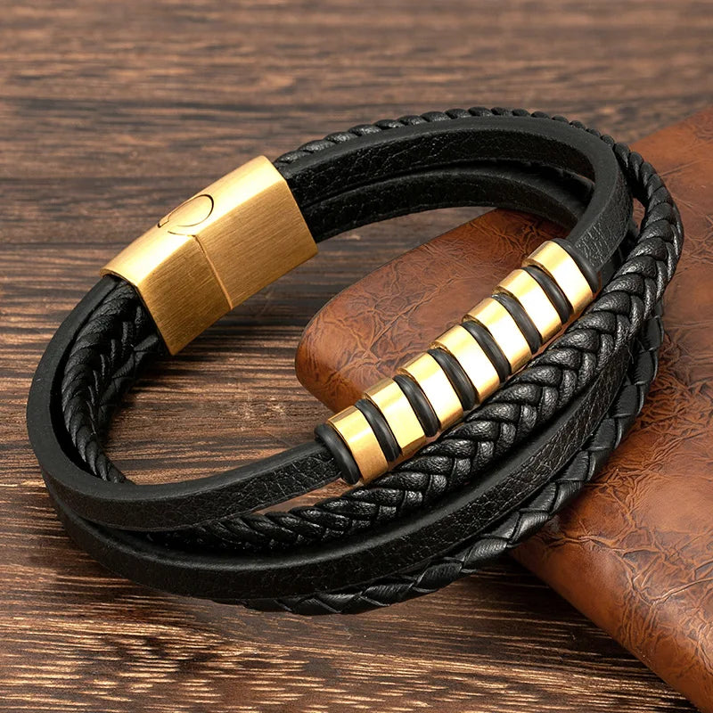 MKENDN Punk Biker Men Multilayer Braided Leather Bracelet Stainless Steel Magnetic Clasp Bangles Fashion Locomotive Male Jewelry