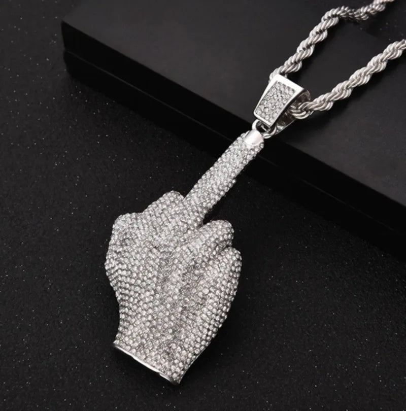 Exquisite Zircon Friendly Gesture Middle Finger Pendant Necklace Men Women Hip Hop Rock Party Jewelry