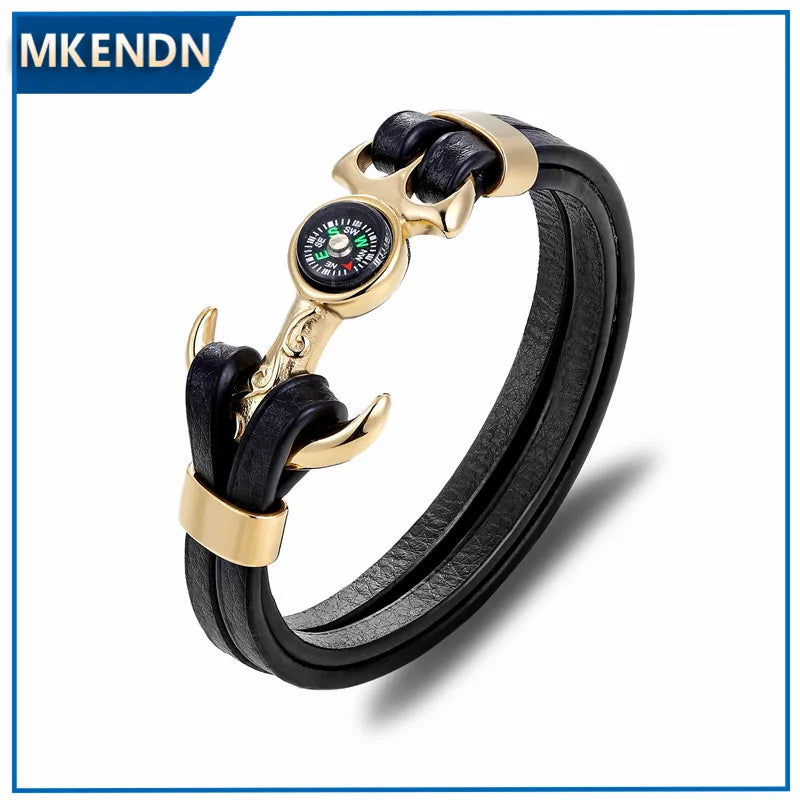 MKENDN New Arrival compass Stainless Steel Anchor Shackles Black Leather Bracelet Men Wristband Survival Sport Fashion Jewelry