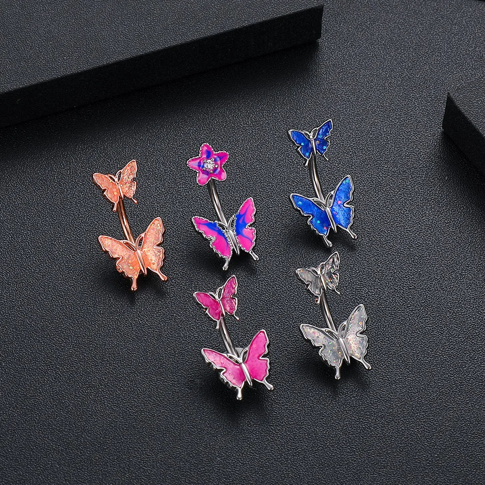 Stainless Steel Navel Piercing Blue Pink Dance Belly Rings Body Piercing Jewelry 14G Butterfly Belly Button Ring for Women Girls