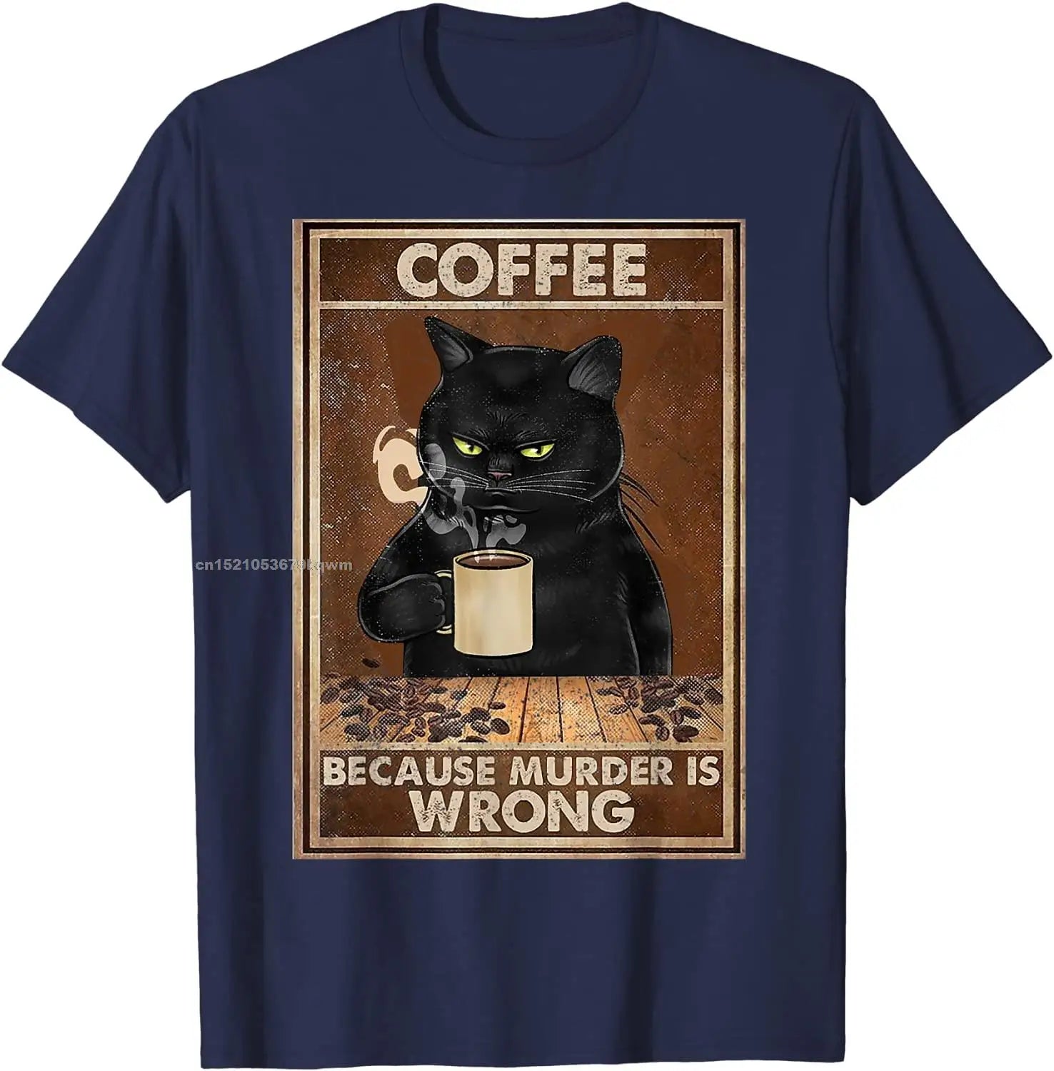 Camiseta divertida con texto "Café porque matar está mal", "El gato negro bebe café", camiseta de hip hop de gran tamaño, camisetas de algodón para hombres, ocio