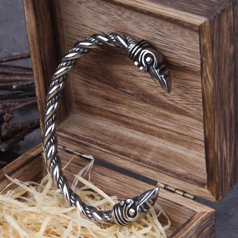 Bracelet en acier inoxydable avec corbeau nordique Viking réglable pour homme avec boîte en bois Viking