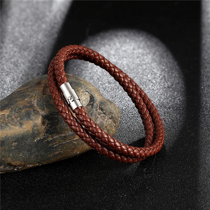 MKENDN Fashion Men's Choker Necklace Black Brown Braided Leather Necklace Stainless Steel Magnetic Clasp Male Jewelry Gifts