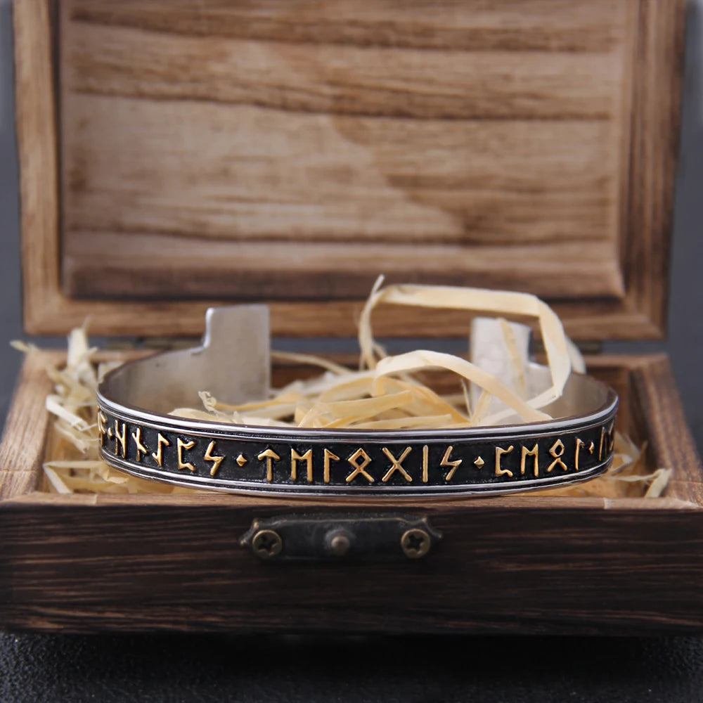 1pc Stainless Steel Men's Handmade Nordic Rune Bangle Viking Never Fade with wooden box as gift