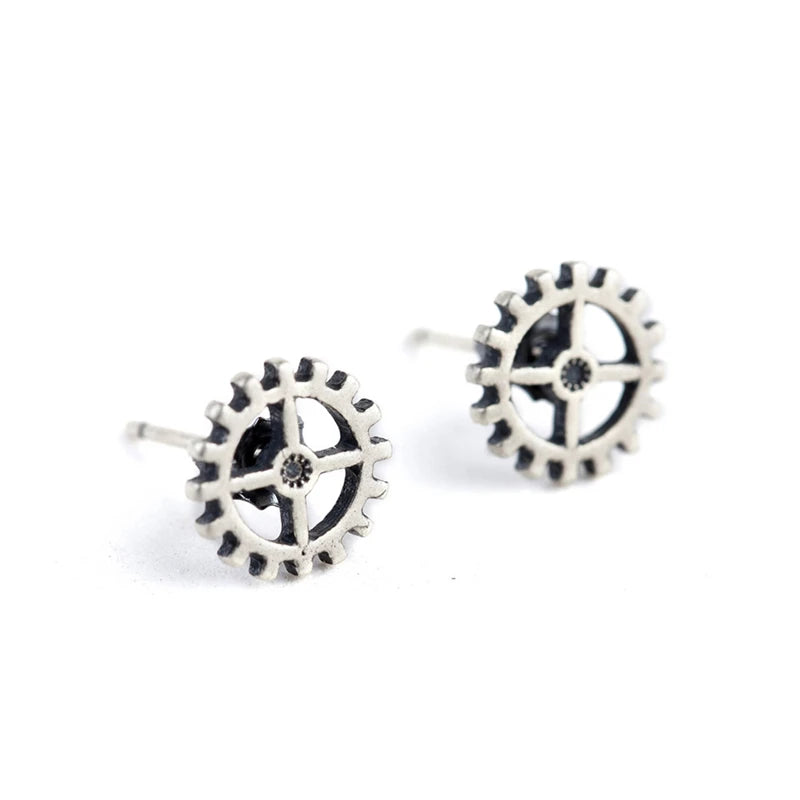 MKENDN 100% 925 Sterling Silver Men Women Metal Punk Steam Rock Gear Stud Earrings Personalized Silver Jewelry