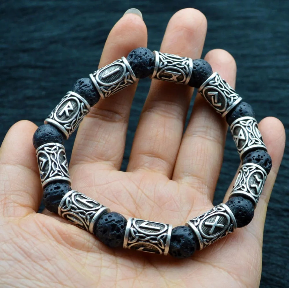 Fashion Charm Beads Bracelet Vintage Volcano Lava Stone Beads Runes Beads Men Bracelet Viking Rune Bracelet Jewelry Women Gift