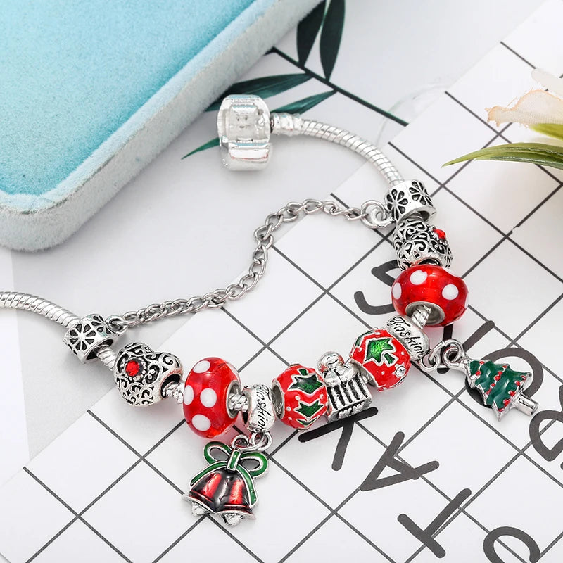 Christmas Tree & Bell Pendant Charm Bracelet Silver Color Bracelet For Women Kids DIY Handmade Xmas Jewelry Gift