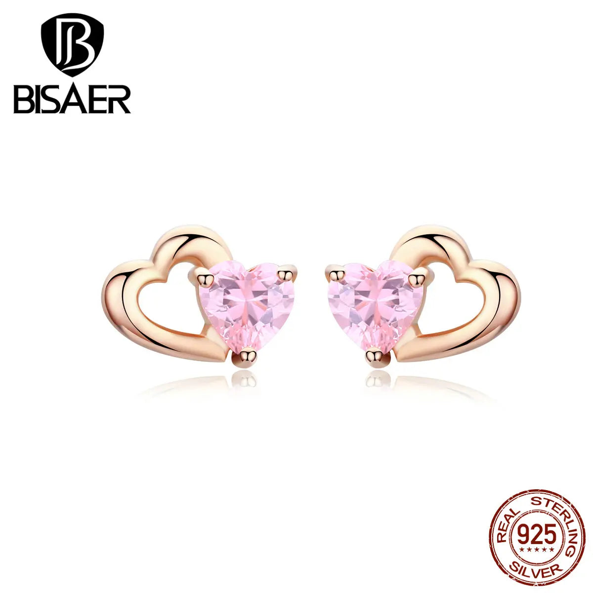 Heart Earrings BISAER 925 Sterling Silver Romantic Love Heart Small Stud Earrings For Women Pink Zircon Wedding Jewelry ECE090