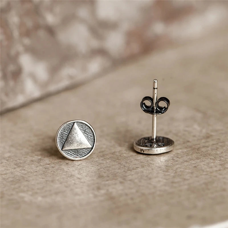 MKENDN New 100% 925 Sterling Silver Creative Retro Round Triangle Stdu Earrings Punk Men Women Stud Earrings