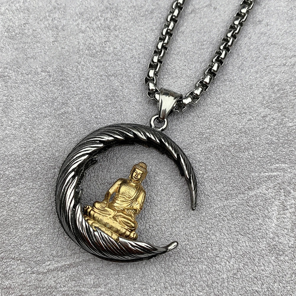 Meditation Feather Buddha Necklace Pendant Men Stainless Steel Tathagata Avalokitesvara Pendant Buddhist Amulet Jewelry