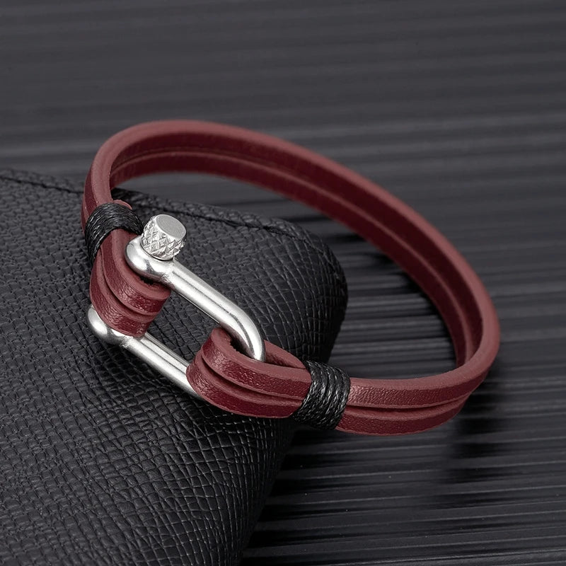 MKENDN Men's Leather Bracelet Nautical Double Strand Stainless Steel U shape Clasp Bracelets & Bangle For Women Sport Jewelry