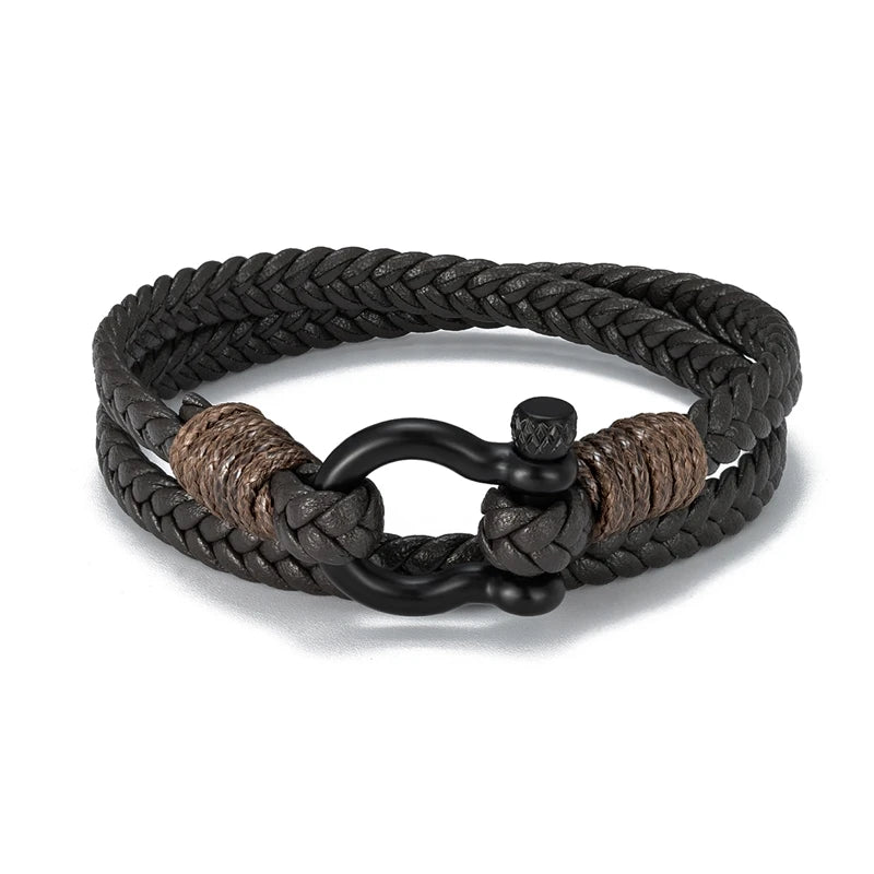 MKENDN Black Shackle Double Strand Leather Rope Bracelet With Stainless Steel Bolt Clasp Men Women Nautical Jewellery