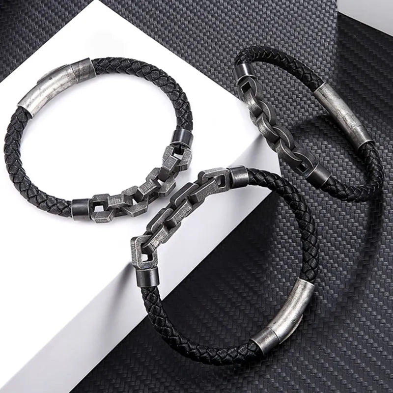 MKENDN Vintage Oxidized black Cuban Link Chain Bracelet Men Stainless Steel Leather Bracelets Hip Hop Biker Hand Chain Bracelet