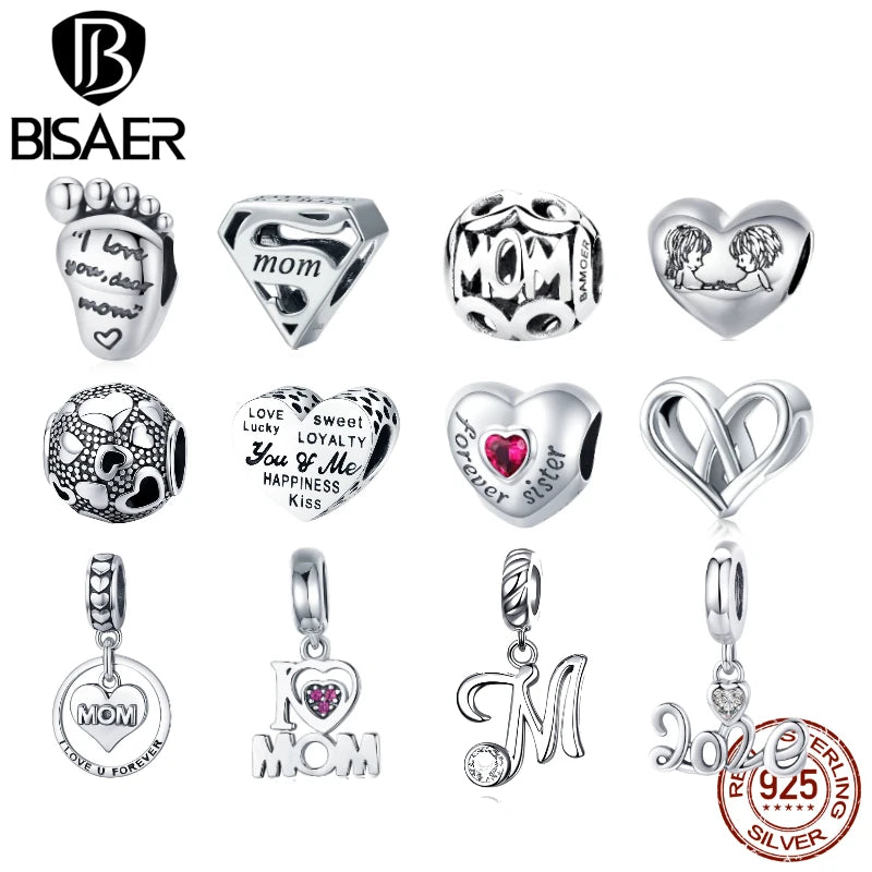 BISAER 100% 925 Sterling Silver Mother Love Series Heart Charms Beads Fit DIY Original Bracelets & Bangles Accessories ECC429