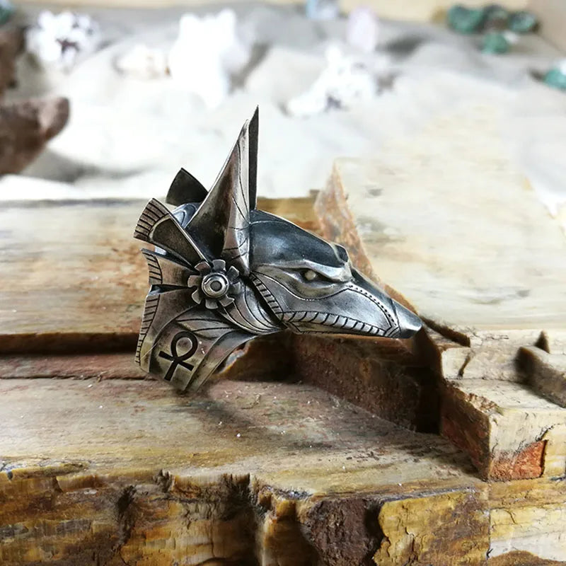 Bague vintage en acier inoxydable avec tête de loup et dieu égyptien Anubis