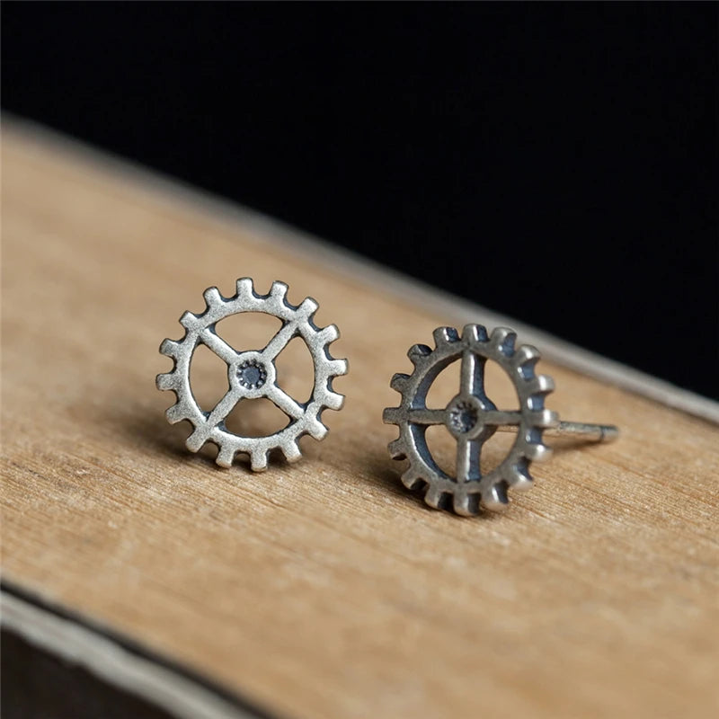 MKENDN 100% 925 Sterling Silver Men Women Metal Punk Steam Rock Gear Stud Earrings Personalized Silver Jewelry