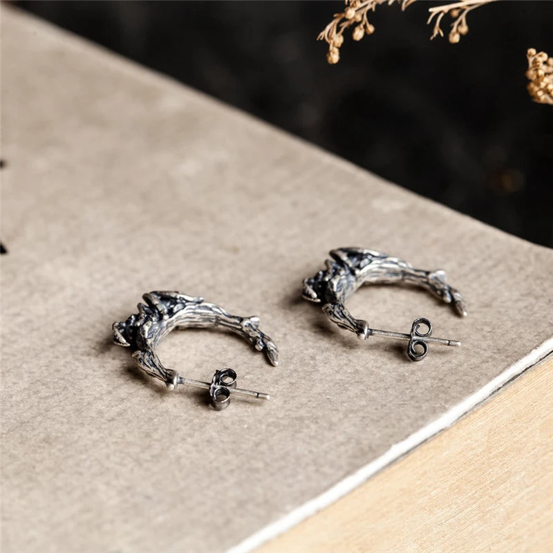 MKENDN Personalized Design Vintage 100% 925 Sterling SIlver Ants On The Tree Stud Earring Men Women Gothic Circle Dark Jewelry