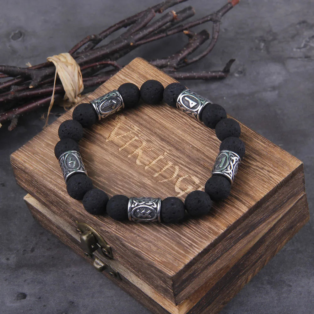 Volcano Lava Stone Beads stainless steel Runes Beads Men Bracelet Viking Rune Bracelet Fashion Charm Beads Bracelet wooden box