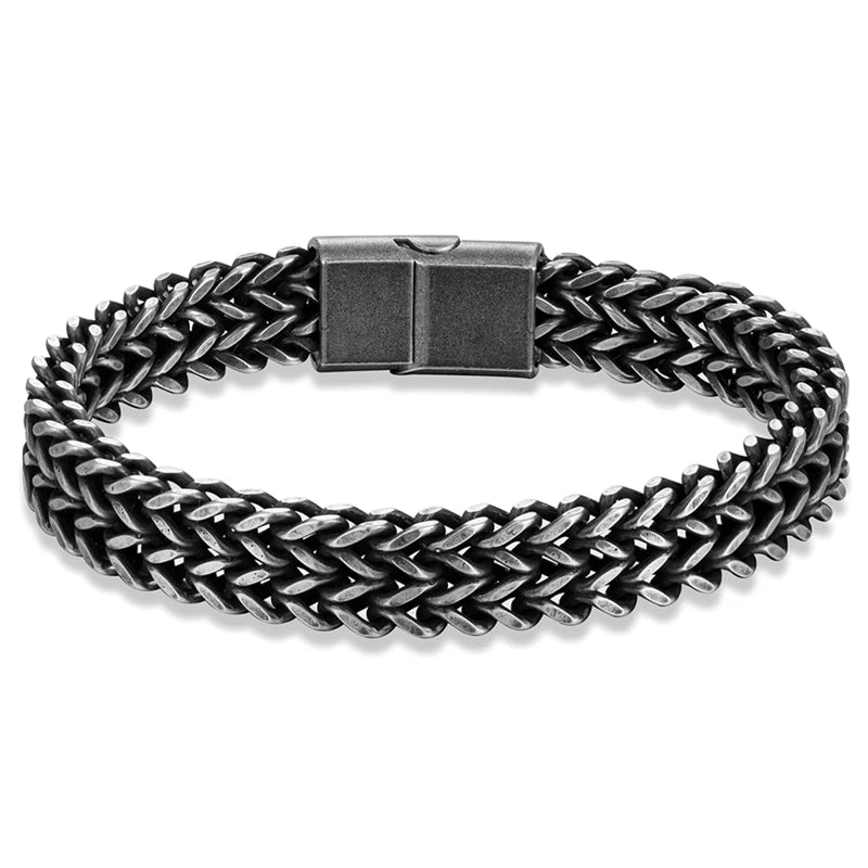 MKENDN Vintage Oxidized Cool Double Curb Chain Bracelets for Men Stainless Steel Punk Antique Cubic Magnic Clasp Male Pulseira