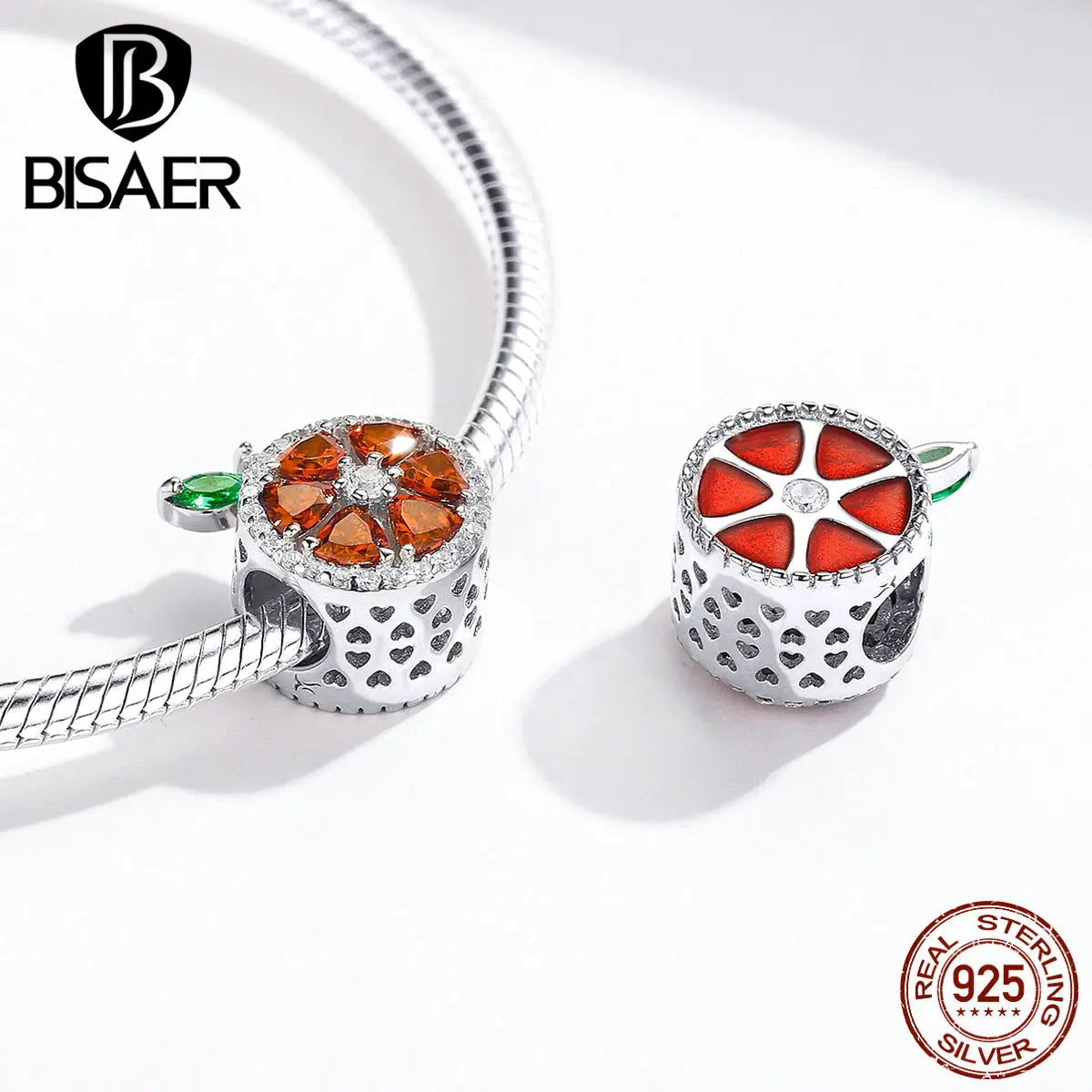 Fruit Charms BISAER 925 Stelring Silver Summer Fruity Grapefruit Beads Red Zircon Charms Fit Bracelets Diy Making ECC1277