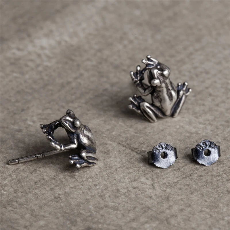 MKENDN 925 Sterling Silver Frog Earrings Retro Punk Animal Stud Earrings For Women Men Fine Jewelry Girls Female Party Gifts