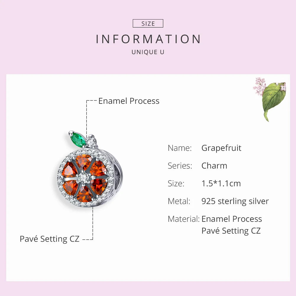 Fruit Charms BISAER 925 Stelring Silver Summer Fruity Grapefruit Beads Red Zircon Charms Fit Bracelets Diy Making ECC1277