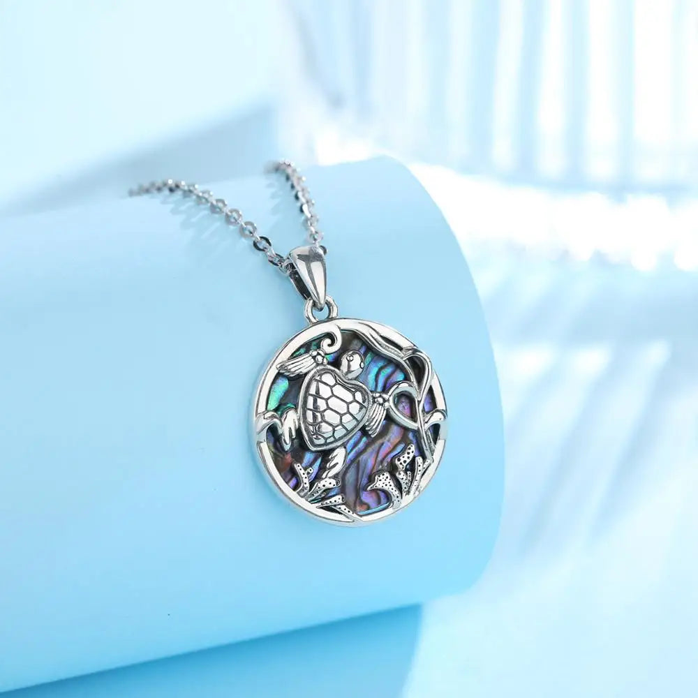 Eudora 925 Sterling Silver Ocean sea turtle Pendant Necklace with Mother of silver animal Blue colorful fine Jewelry for women